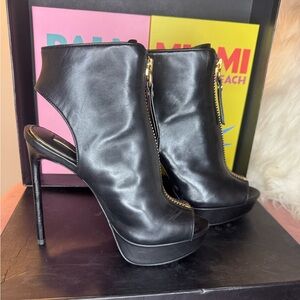 Rachel Zoe Black Peep-Toe Stiletto Ankle Booties with Gold Zipper